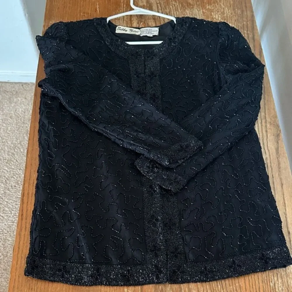Vintage Silky Nites NY Beaded Pure Silk Blouse Jacket Small Formal Cocktail 90s